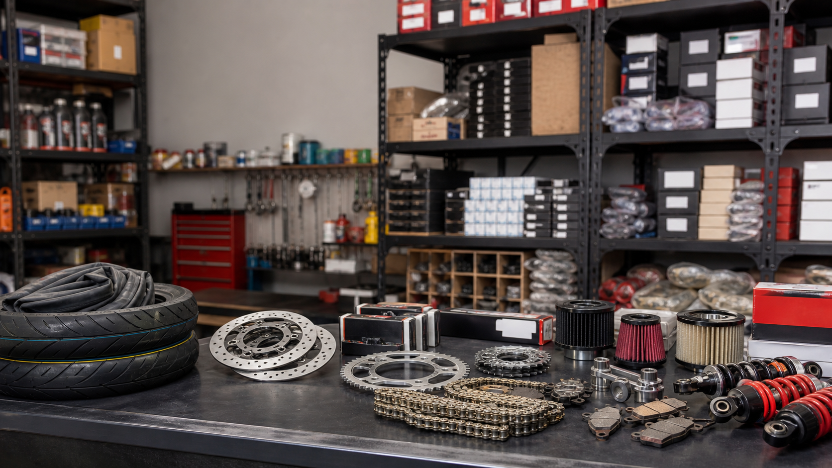 Motorcycle spare parts laid out on a workshop counter