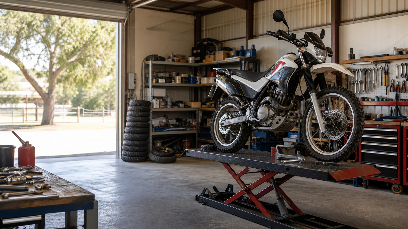 Motorcycle on a lift inside a practical regional workshop